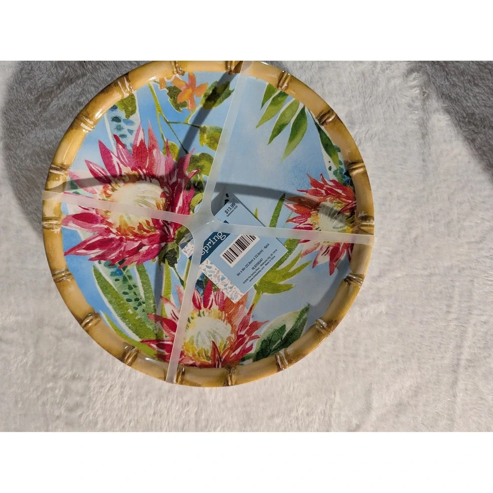 The Spring Shop Melamine Dinnerware Set OS Blue New Tropical Floral 13pc Set